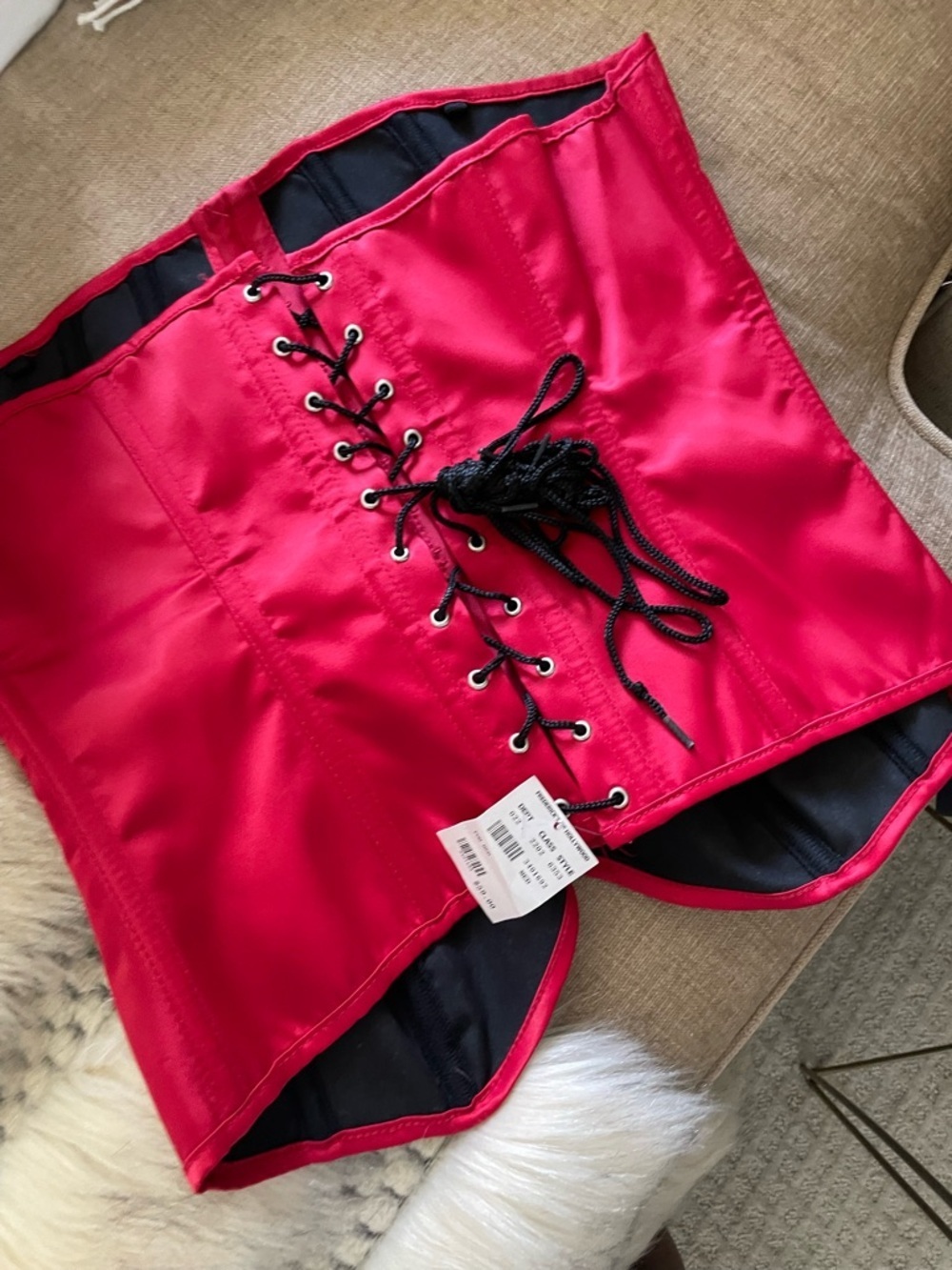 Frederick's of Hollywood Red Satin Corset with Black Lacing